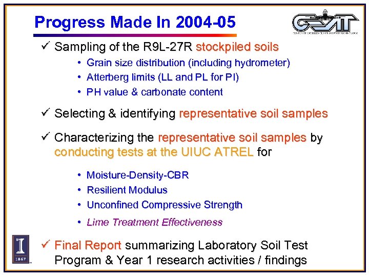Progress Made In 2004 -05 ü Sampling of the R 9 L-27 R stockpiled