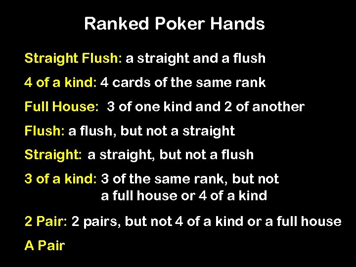 Ranked Poker Hands Straight Flush: a straight and a flush 4 of a kind: