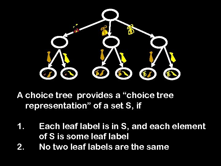 A choice tree provides a “choice tree representation” of a set S, if 1.