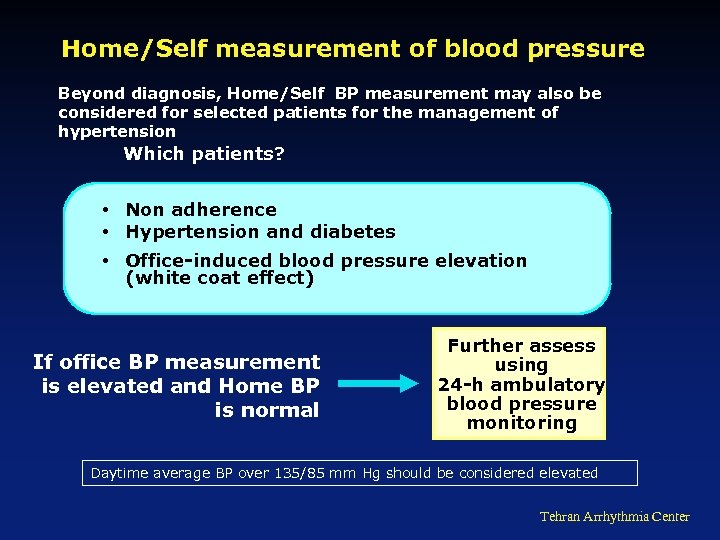 Home/Self measurement of blood pressure Beyond diagnosis, Home/Self BP measurement may also be considered