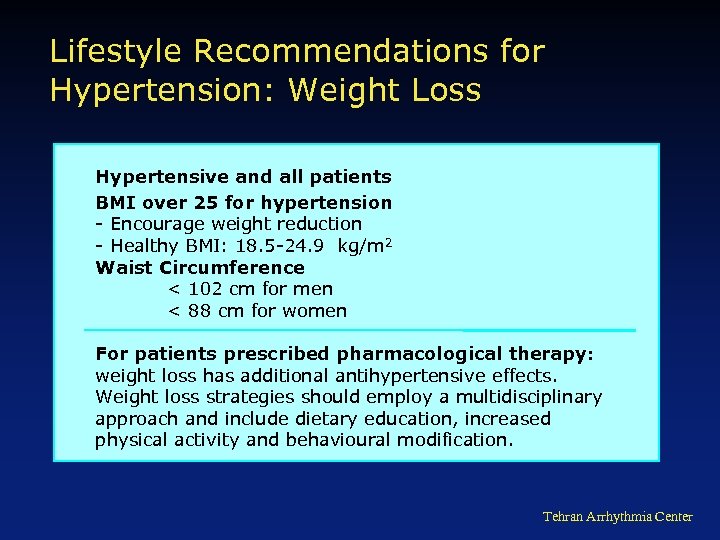 Lifestyle Recommendations for Hypertension: Weight Loss Hypertensive and all patients BMI over 25 for