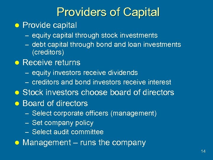 Providers of Capital l Provide capital – equity capital through stock investments – debt