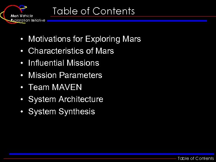 Mars Vehicle Exploration Initiative • • Table of Contents Motivations for Exploring Mars Characteristics