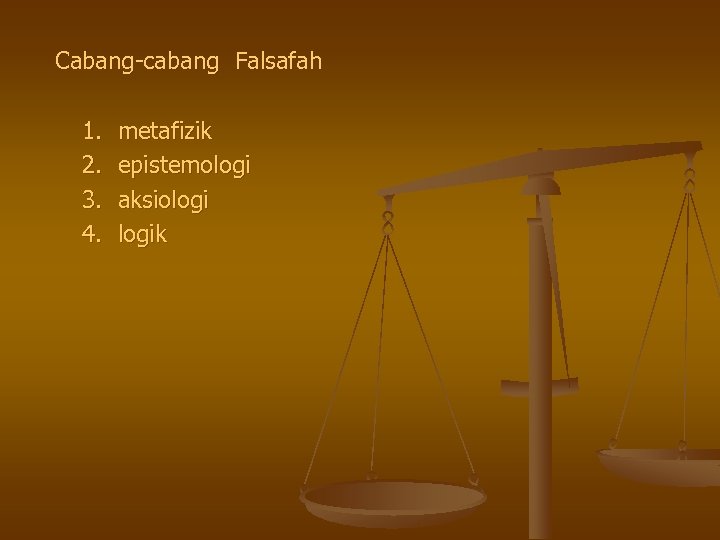 Cabang-cabang Falsafah 1. 2. 3. 4. metafizik epistemologi aksiologik 