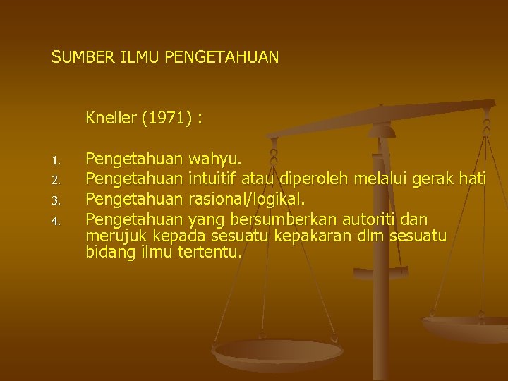 SUMBER ILMU PENGETAHUAN Kneller (1971) : 1. 2. 3. 4. Pengetahuan wahyu. Pengetahuan intuitif