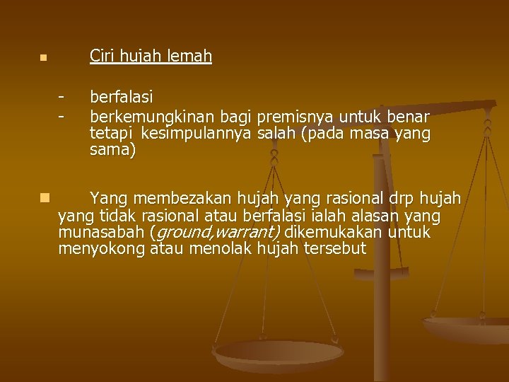 Ciri hujah lemah n - n berfalasi berkemungkinan bagi premisnya untuk benar tetapi kesimpulannya