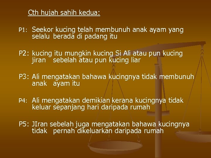 Cth hujah sahih kedua: P 1: Seekor kucing telah membunuh anak ayam yang selalu