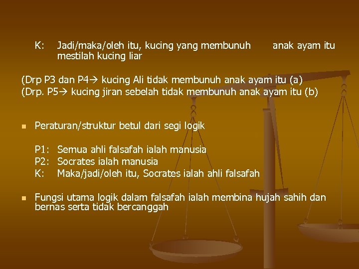 K: Jadi/maka/oleh itu, kucing yang membunuh mestilah kucing liar anak ayam itu (Drp P