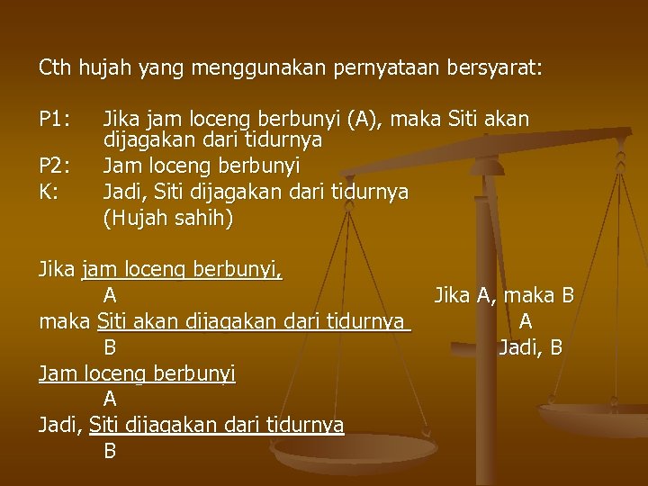 Cth hujah yang menggunakan pernyataan bersyarat: P 1: P 2: K: Jika jam loceng