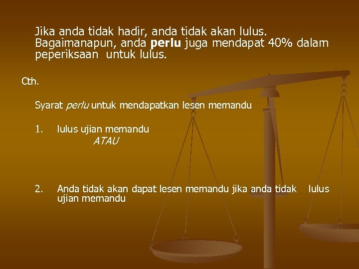 Jika anda tidak hadir, anda tidak akan lulus. Bagaimanapun, anda perlu juga mendapat 40%