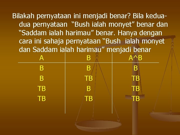 Bilakah pernyataan ini menjadi benar? Bila keduadua pernyataan “Bush ialah monyet” benar dan “Saddam