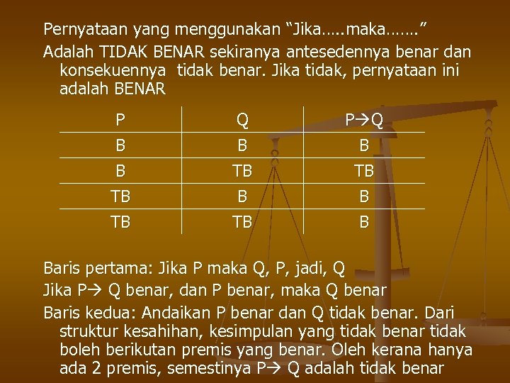 Pernyataan yang menggunakan “Jika…. . maka……. ” Adalah TIDAK BENAR sekiranya antesedennya benar dan