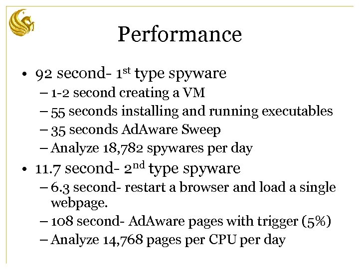 Performance • 92 second- 1 st type spyware – 1 -2 second creating a