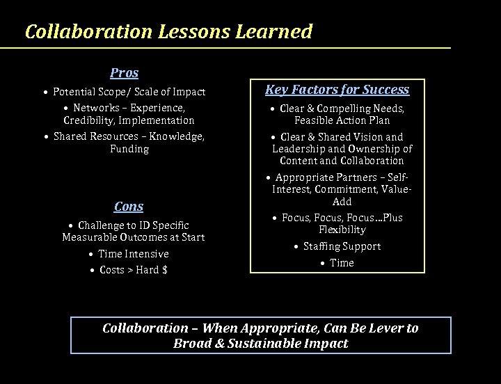 Collaboration Lessons Learned Pros • Potential Scope/ Scale of Impact • Networks – Experience,