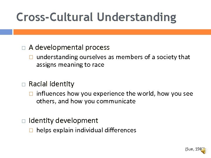 Cross-Cultural Understanding A developmental process Racial identity understanding ourselves as members of a society