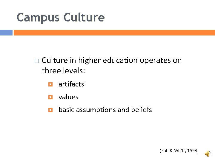 Campus Culture in higher education operates on three levels: artifacts values basic assumptions and