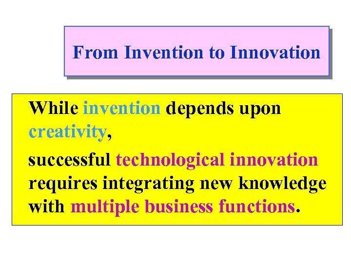 From Invention to Innovation While invention depends upon creativity, successful technological innovation requires integrating