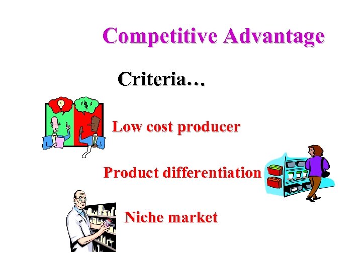Competitive Advantage Criteria… Low cost producer Product differentiation Niche market 