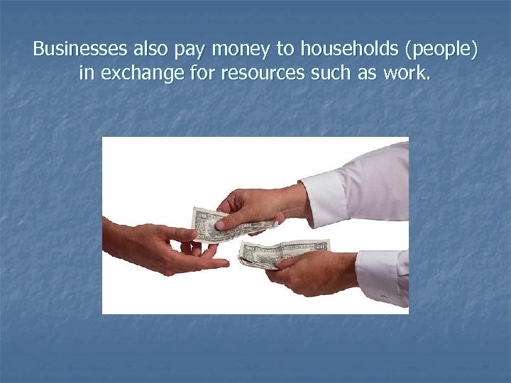 Businesses also pay money to households (people) in exchange for resources such as work.