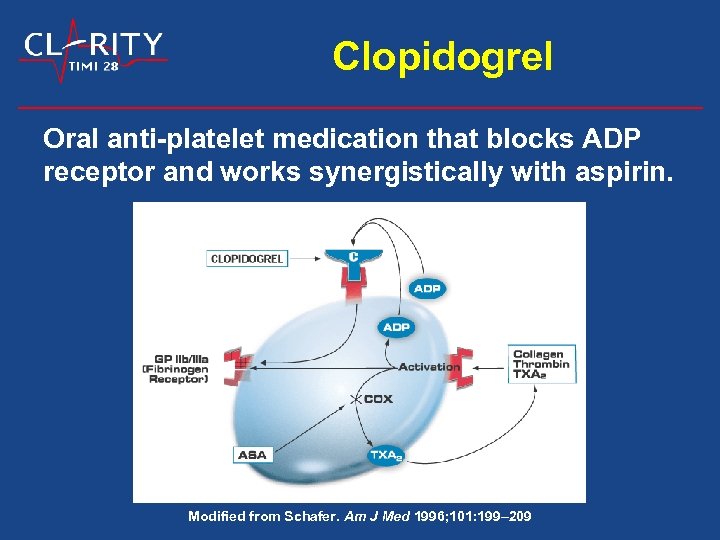 Clopidogrel Oral anti-platelet medication that blocks ADP receptor and works synergistically with aspirin. Modified