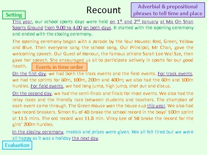 Setting Recount Adverbial & prepositional phrases to tell time and place This year, our