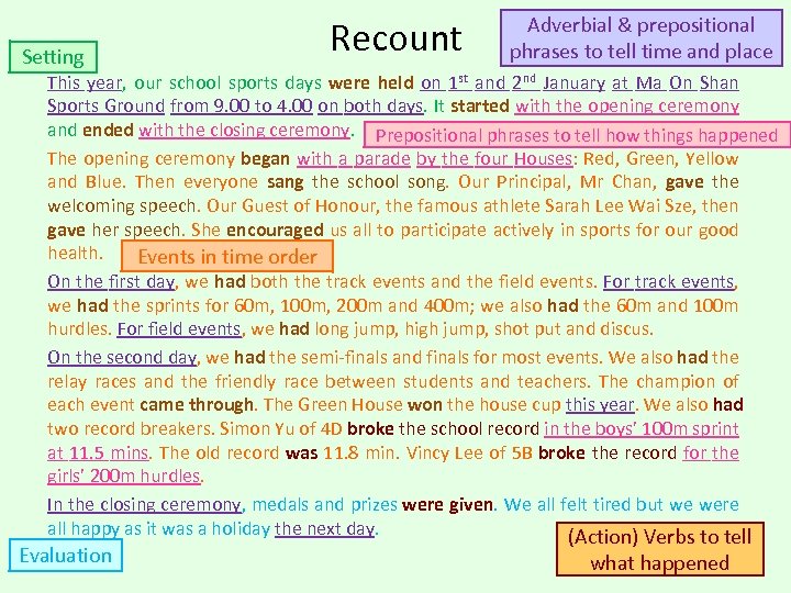 Setting Recount Adverbial & prepositional phrases to tell time and place This year, our