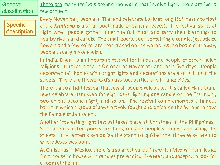 General classification Specific description There are many festivals around the world that involve light.