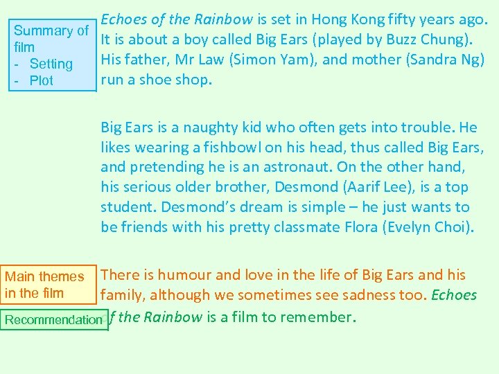 Echoes of the Rainbow is set in Hong Kong fifty years ago. Summary of