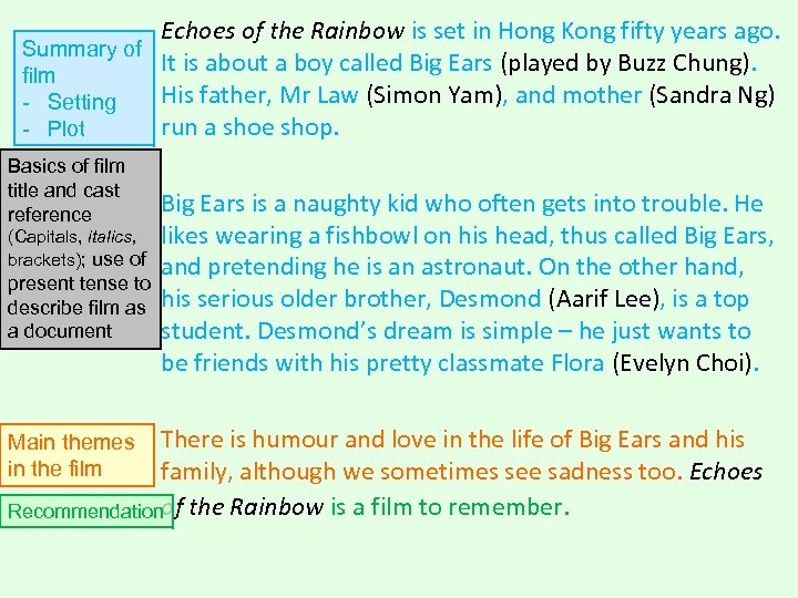 Echoes of the Rainbow is set in Hong Kong fifty years ago. Summary of