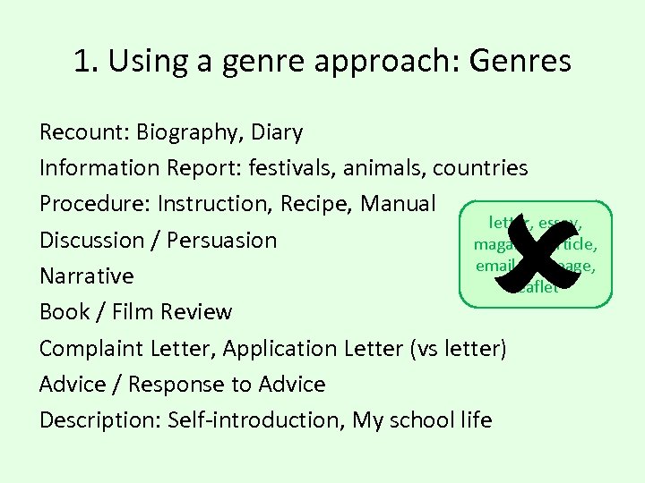 1. Using a genre approach: Genres Recount: Biography, Diary Information Report: festivals, animals, countries