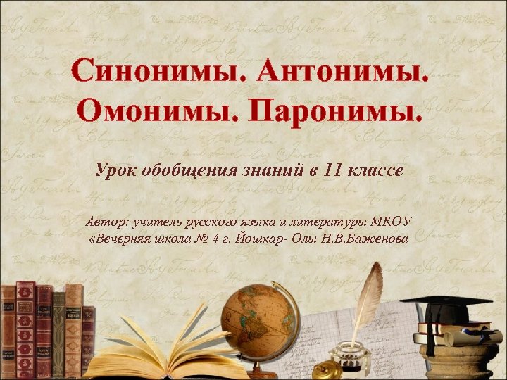 Синонимы. Антонимы. Омонимы. Паронимы. Урок обобщения знаний в 11 классе Автор: учитель русского языка