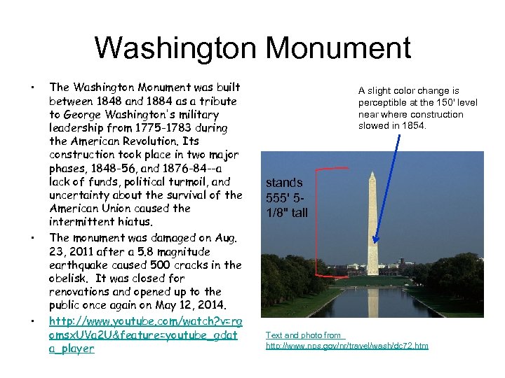 Washington Monument • • • The Washington Monument was built between 1848 and 1884