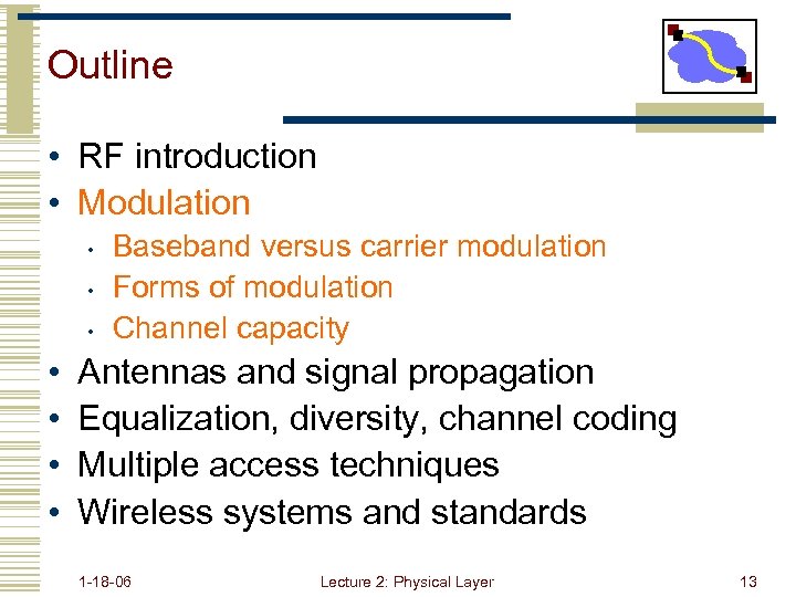Outline • RF introduction • Modulation • • Baseband versus carrier modulation Forms of