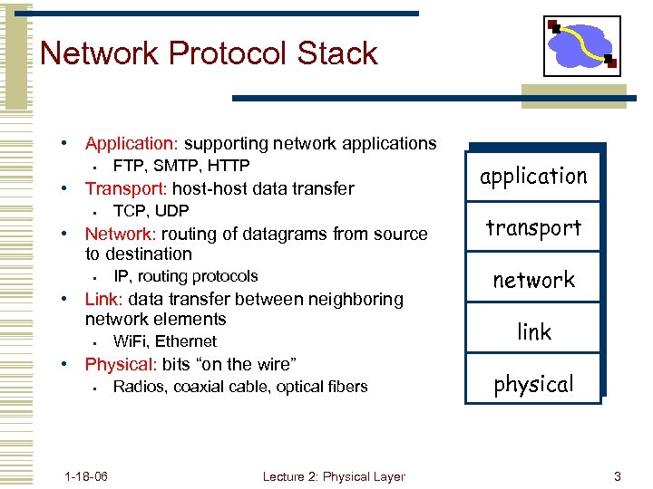 Network Protocol Stack • Application: supporting network applications • FTP, SMTP, HTTP • Transport: