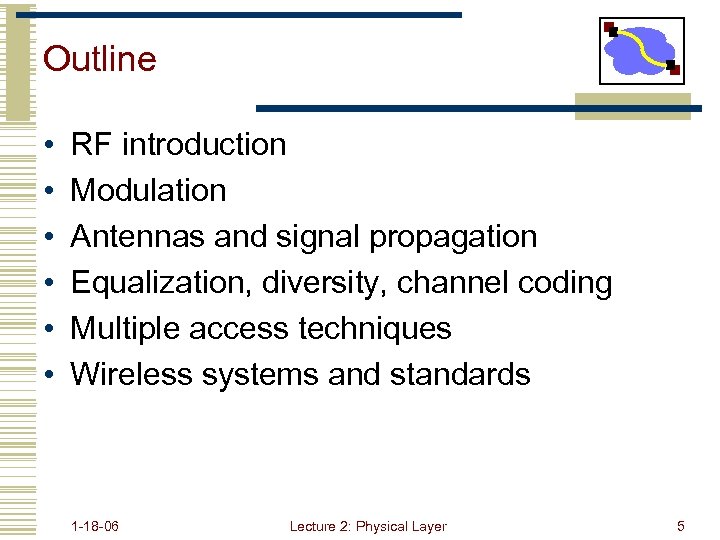 Outline • • • RF introduction Modulation Antennas and signal propagation Equalization, diversity, channel