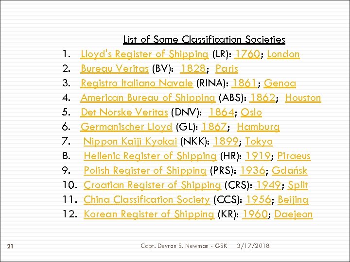 List of Some Classification Societies 1. Lloyd's Register of Shipping (LR): 1760; London 2.