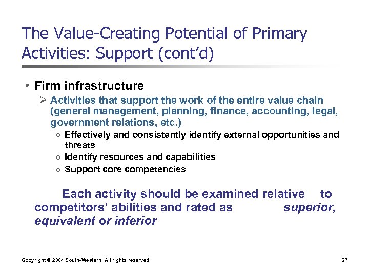 The Value-Creating Potential of Primary Activities: Support (cont’d) • Firm infrastructure Ø Activities that