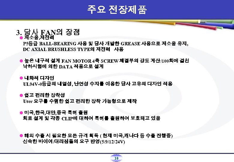 주요 전장제품 3. 당사 FAN의 장점 l 저소음. 저전력 P 5등급 BALL-BEARING 사용 및