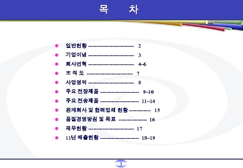 목 차 l 일반현황 ------------- 2 l 기업이념 ------------- 3 l 회사연혁 ------------- 4~6