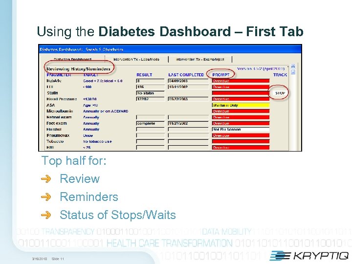 Using the Diabetes Dashboard – First Tab Top half for: Review Reminders Status of