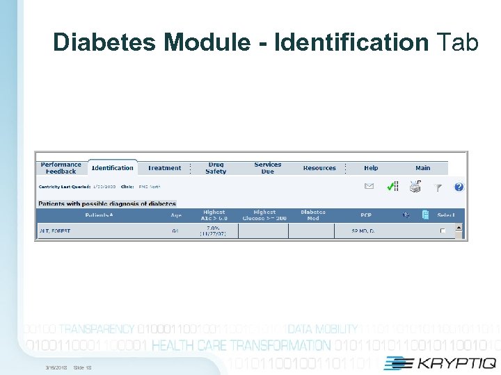 Diabetes Module - Identification Tab 3/15/2018 Slide 18 