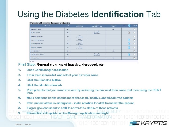 Using the Diabetes Identification Tab First Step: General clean up of inactive, deceased, etc
