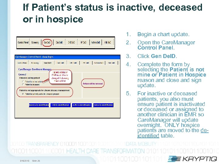 If Patient’s status is inactive, deceased or in hospice 1. 2. 3. 4. Slide