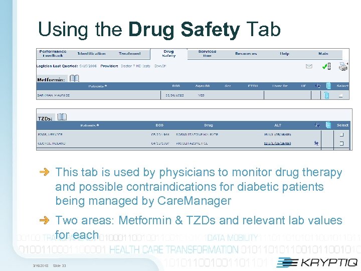 Using the Drug Safety Tab This tab is used by physicians to monitor drug