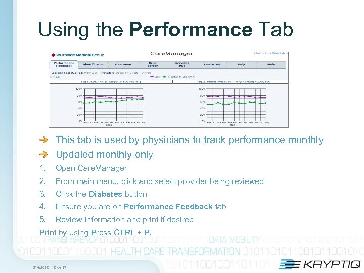 Using the Performance Tab This tab is used by physicians to track performance monthly