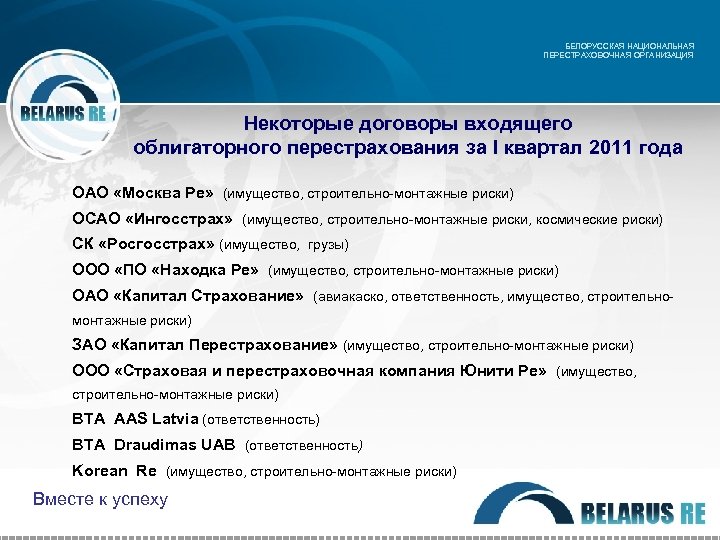 БЕЛОРУССКАЯ НАЦИОНАЛЬНАЯ ПЕРЕСТРАХОВОЧНАЯ ОРГАНИЗАЦИЯ Некоторые договоры входящего облигаторного перестрахования за I квартал 2011 года