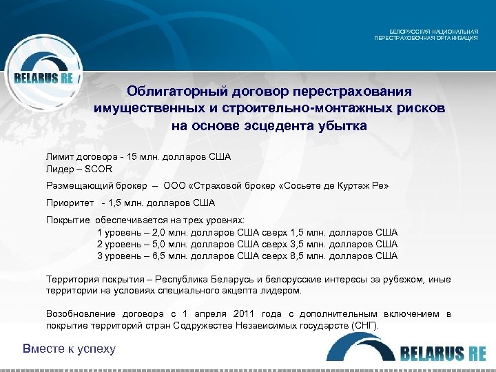 БЕЛОРУССКАЯ НАЦИОНАЛЬНАЯ ПЕРЕСТРАХОВОЧНАЯ ОРГАНИЗАЦИЯ Облигаторный договор перестрахования имущественных и строительно-монтажных рисков на основе эсцедента