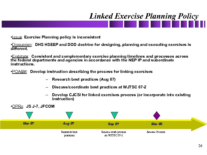 Linked Exercise Planning Policy • Issue: Exercise Planning policy is inconsistent • Discussion: DHS