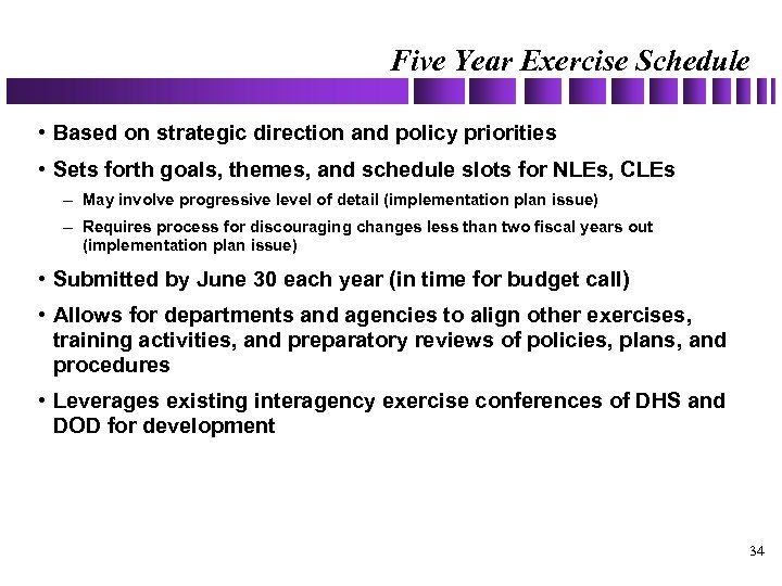 Five Year Exercise Schedule • Based on strategic direction and policy priorities • Sets