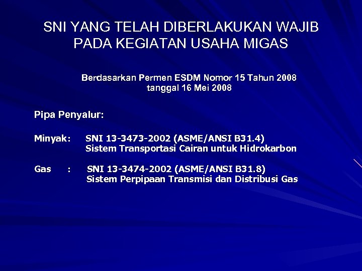 SNI YANG TELAH DIBERLAKUKAN WAJIB PADA KEGIATAN USAHA MIGAS Berdasarkan Permen ESDM Nomor 15